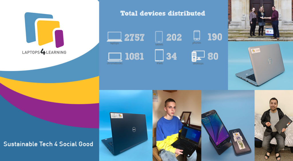 Image shows Laptops4Learning logo, photos of people receiving devices and today number of devices distributed. It is a montage to show to impact they are making to aid people in getting online.  