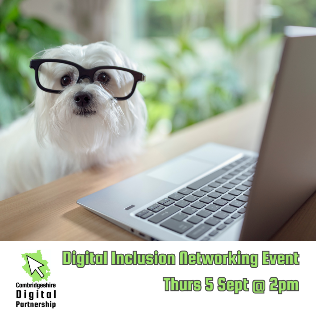 The image shows a cute white dog sat at a desk by a laptop. The dog is wearing black glasses and looking at the camera. Text reads: Digital Inclusion Network Event Thurs 5 Sept and 2pm. We also see the Cambridgeshire Digital Partnership logo in the bottom left corner.