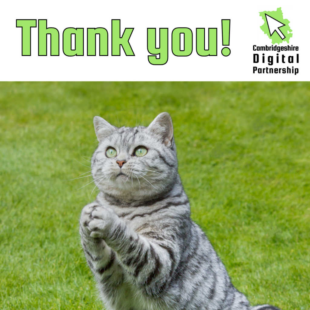 Tabby cat sat on grass with paws up in a prayer/thank you pose.
We see the word 'thank you' and the Cambridgeshire Digital Partnership.