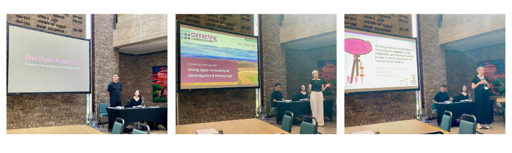 Three photos of people speaking in front of a power point presentation in a hall.