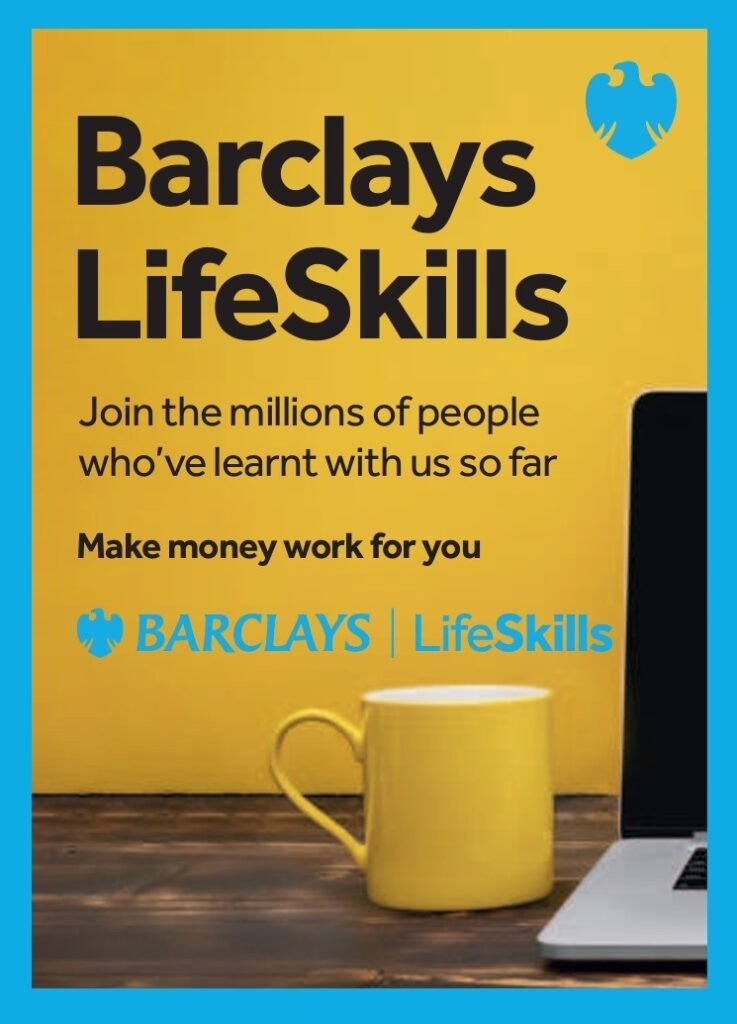 Picture of a laptop with a coffee cup. text reads: Barclays life skills