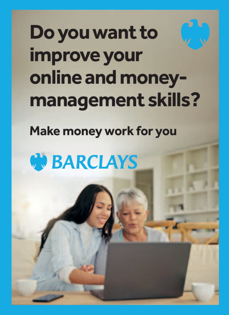 Picture of two people looking at a laptop. Text reads: Do you want to improve your online money management skills? Barclays logo.
