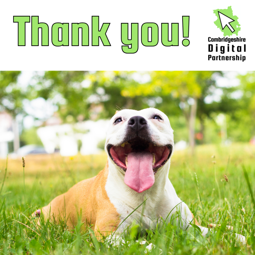 Photo of a dog laying on the grass with a big smile and tongue sticking out. Text reads: thank you and we see the CDP logo.